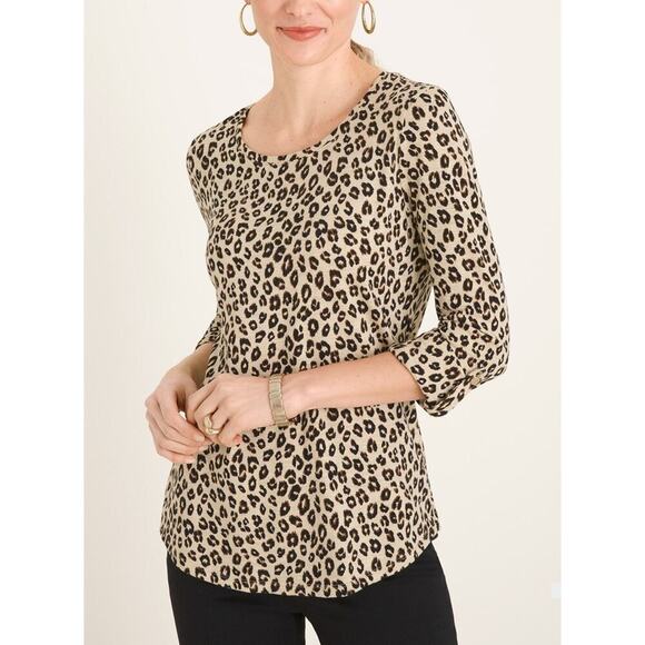 Chico's 3 (US XL) Slub Animal-Print Rolled Sleeve Knit Tee Cheetah Print - Picture 1 of 10